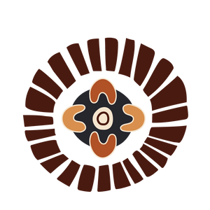 A complex circular artwork element displaying an inner four-pointed seed totem framed by a bold, dark sunburst array of radiating vertical bars.