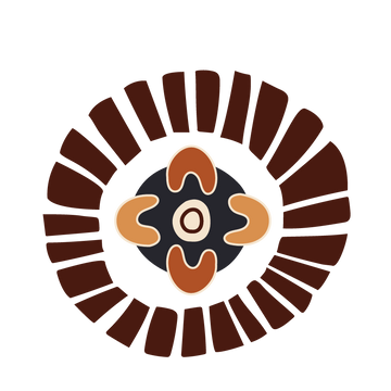 A complex circular artwork element displaying an inner four-pointed seed totem framed by a bold, dark sunburst array of radiating vertical bars.